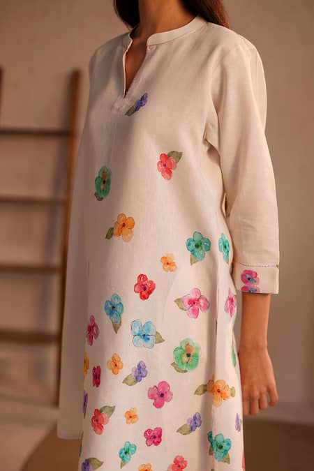 Roza_Ivory Linen Embroidery Bandeau Neck Limoncello Pancies Floral Pattern Tunic _Online_at_Aza_Fashions