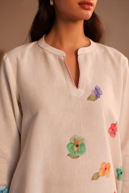Buy_Roza_Ivory Linen Embroidery Bandeau Neck Limoncello Pancies Floral Pattern Tunic _Online_at_Aza_Fashions