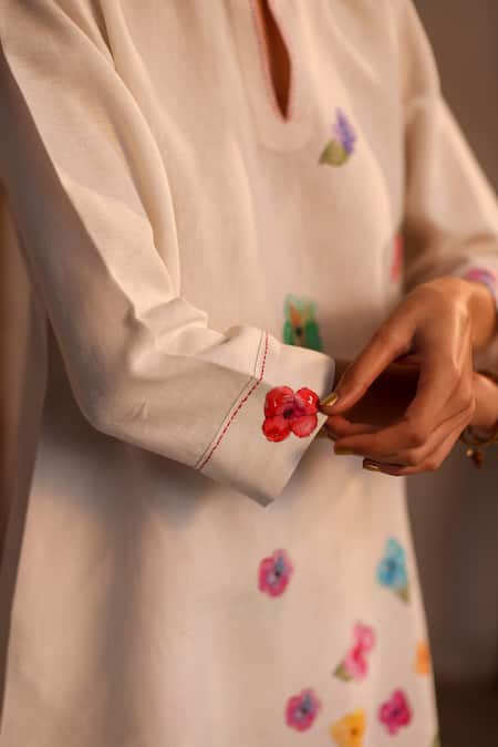 Shop_Roza_Ivory Linen Embroidery Bandeau Neck Limoncello Pancies Floral Pattern Tunic _Online_at_Aza_Fashions