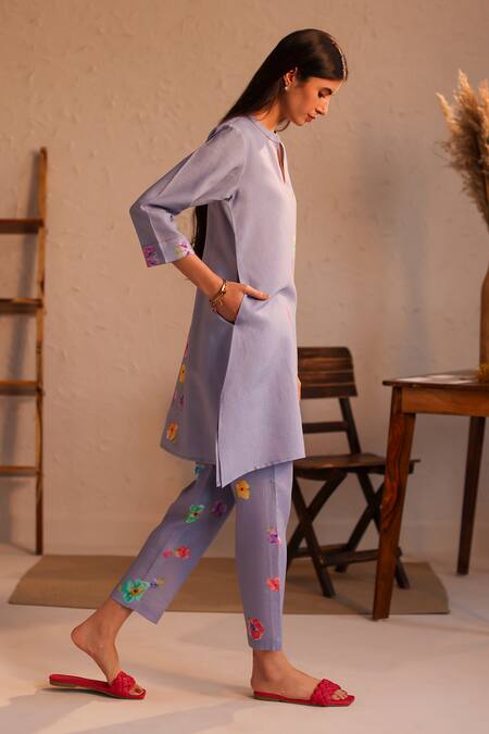 Roza_Purple Linen Water Color Pancies Floral Limoncello Flower Tunic  _Online_at_Aza_Fashions