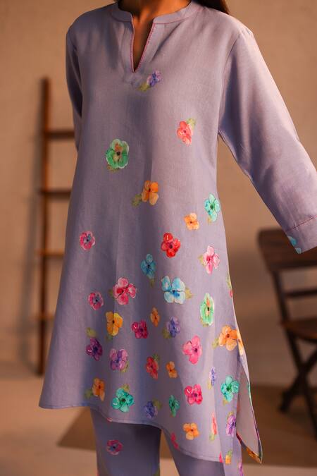 Buy_Roza_Purple Linen Water Color Pancies Floral Limoncello Flower Tunic  _Online_at_Aza_Fashions