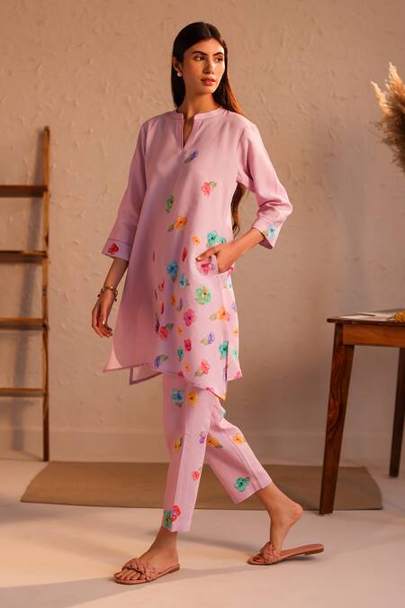 Roza_Pink Linen Water Color Pancies Floral Limoncello Flower Tunic  _Online_at_Aza_Fashions
