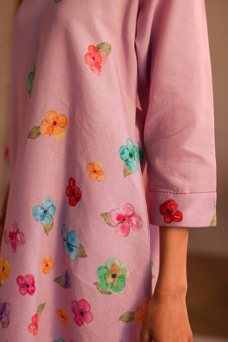 Shop_Roza_Pink Linen Water Color Pancies Floral Limoncello Flower Tunic  _Online_at_Aza_Fashions