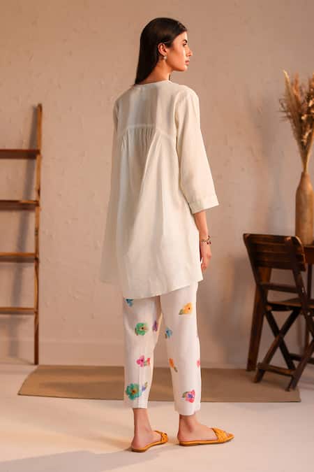 Shop_Roza_Ivory Linen Embroidery Split V-neck Limoncello Water Color Pattern Tunic _at_Aza_Fashions