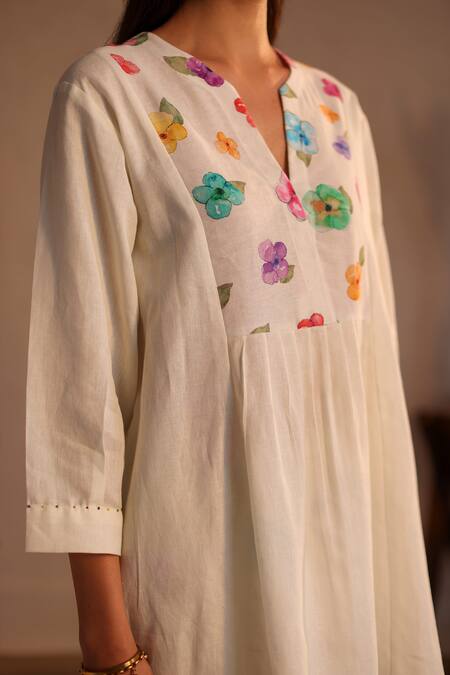 Buy_Roza_Ivory Linen Embroidery Split V-neck Limoncello Water Color Pattern Tunic _Online_at_Aza_Fashions