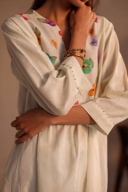 Shop_Roza_Ivory Linen Embroidery Split V-neck Limoncello Water Color Pattern Tunic _Online_at_Aza_Fashions