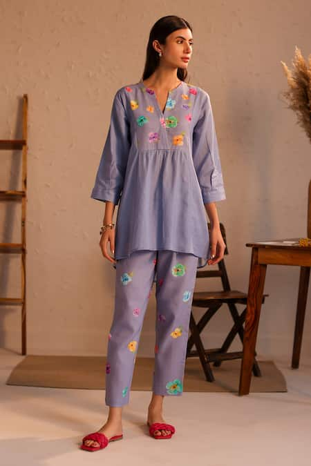 ROZA Purple Linen Water Color Pancies Floral Pattern Limoncello Tunic  