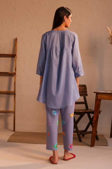 Shop_Roza_Purple Linen Water Color Pancies Floral Pattern Notched Limoncello Tunic _at_Aza_Fashions