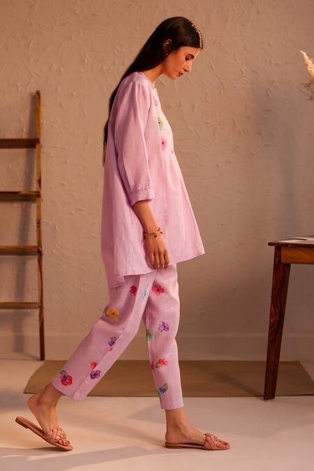 Roza_Pink Linen Water Color Pancies Floral Pattern Limoncello Tunic  _Online_at_Aza_Fashions