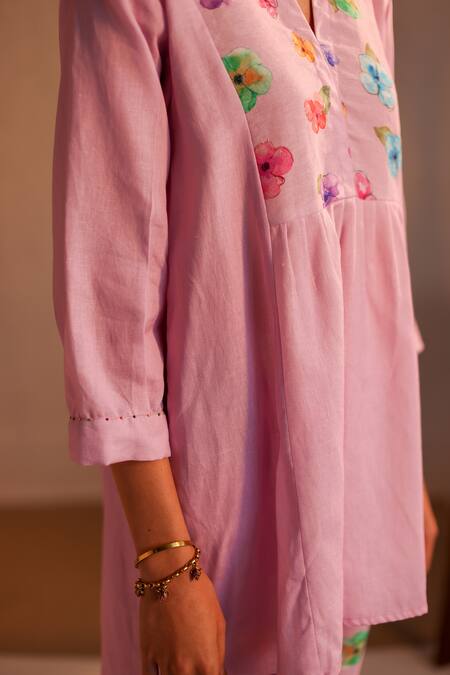 Shop_Roza_Pink Linen Water Color Pancies Floral Pattern Limoncello Tunic  _Online_at_Aza_Fashions