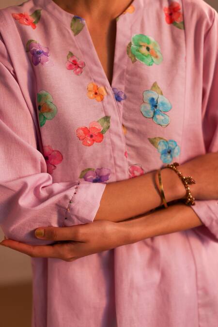 Roza_Pink Linen Water Color Pancies Floral Pattern Limoncello Tunic  _at_Aza_Fashions