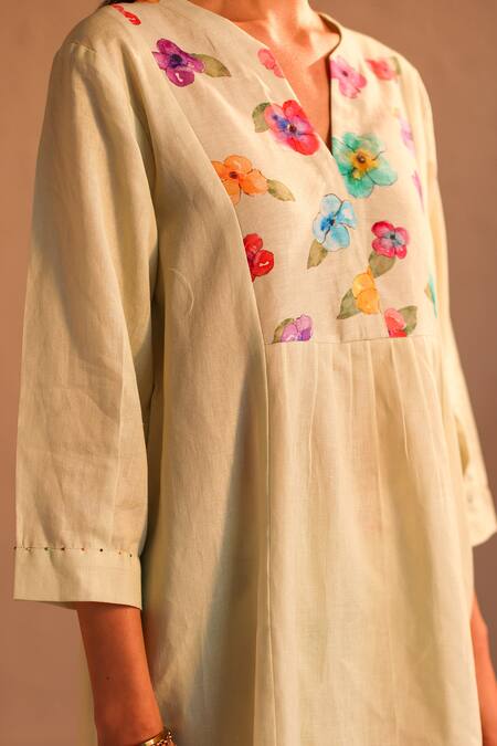 Shop_Roza_Green Linen Water Color Pancies Floral Limoncello Flower Tunic  _Online_at_Aza_Fashions