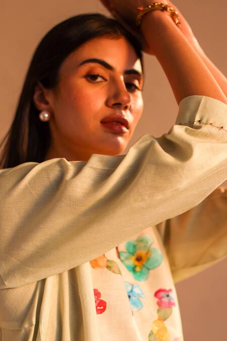 Roza_Green Linen Water Color Pancies Floral Limoncello Flower Tunic  _at_Aza_Fashions