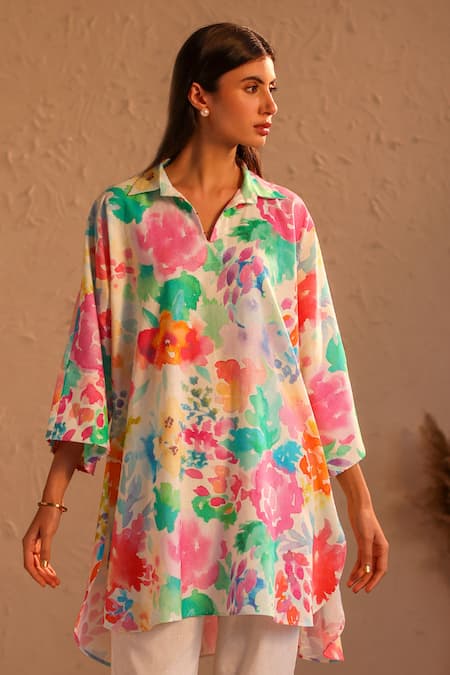 Roza_Multi Color Linen Collared Naples Floral Print Kaftan _Online_at_Aza_Fashions