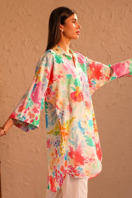 Buy_Roza_Multi Color Linen Collared Naples Floral Print Kaftan _Online_at_Aza_Fashions