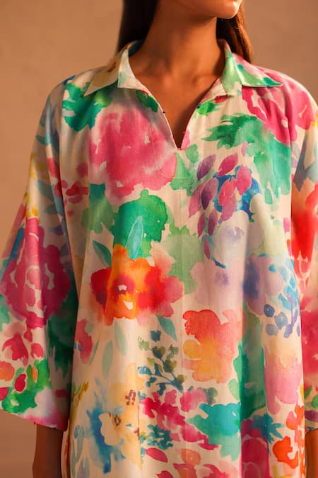 Shop_Roza_Multi Color Linen Collared Naples Floral Print Kaftan _Online_at_Aza_Fashions