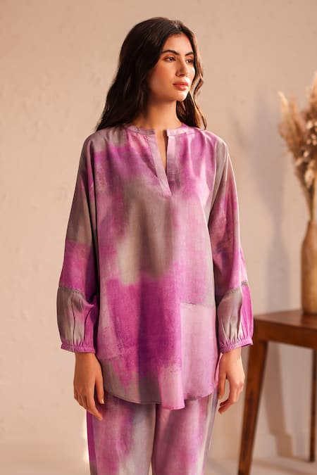 Roza_Purple Linen Open Neck Sicily Hand Painted Tunic With Pant _Online_at_Aza_Fashions