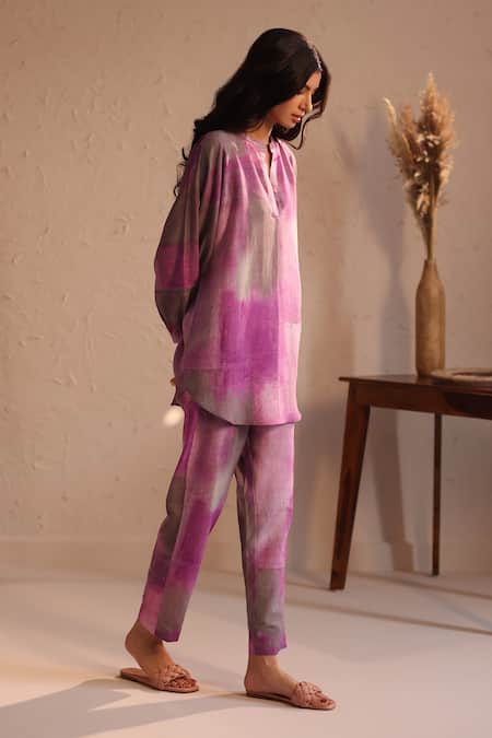 Buy_Roza_Purple Linen Open Neck Sicily Hand Painted Tunic With Pant _Online_at_Aza_Fashions
