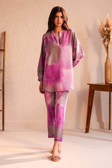 Shop_Roza_Purple Linen Open Neck Sicily Hand Painted Tunic With Pant _Online_at_Aza_Fashions