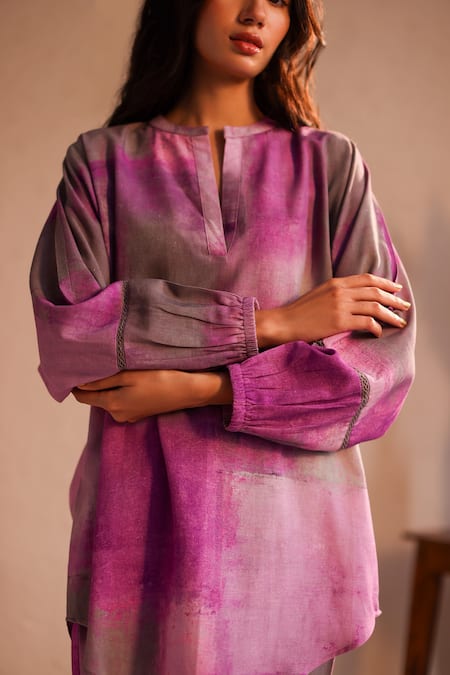 Roza_Purple Linen Open Neck Sicily Hand Painted Tunic With Pant _at_Aza_Fashions