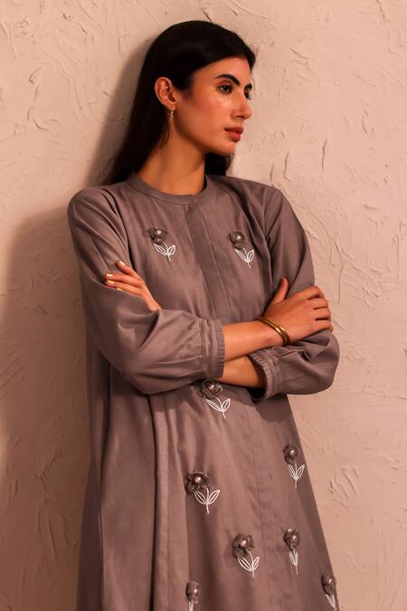 Roza_Brown Linen Hand Embroidery Floral Round Collar Stardust Tunic  _Online_at_Aza_Fashions