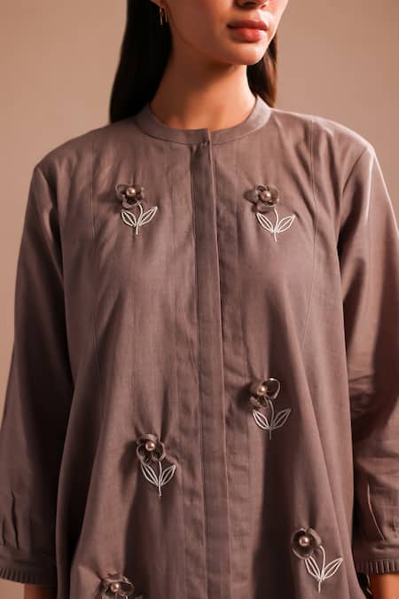 Buy_Roza_Brown Linen Hand Embroidery Floral Round Collar Stardust Tunic  _Online_at_Aza_Fashions