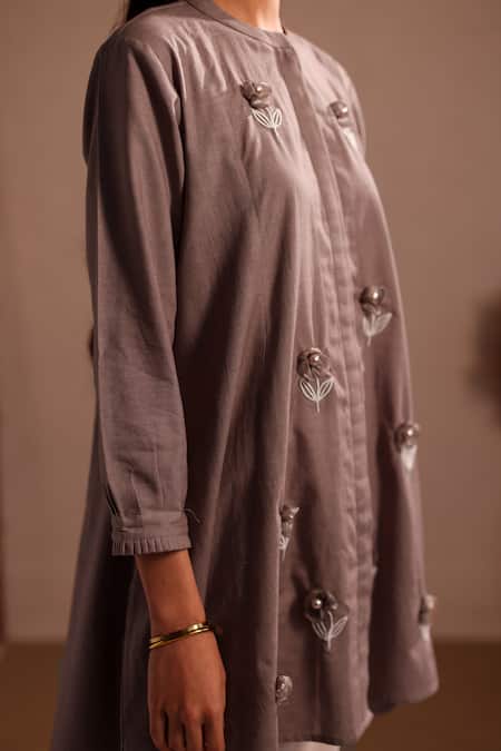 Shop_Roza_Brown Linen Hand Embroidery Floral Round Collar Stardust Tunic  _Online_at_Aza_Fashions
