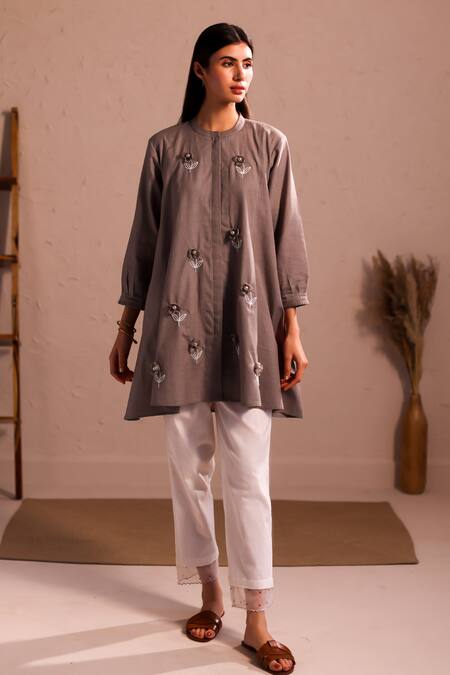 Roza_Brown Linen Hand Embroidery Floral Round Collar Stardust Tunic  _at_Aza_Fashions