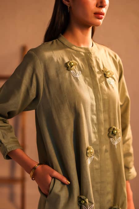 Shop_Roza_Green Linen Hand Embroidery Floral Round Collar Stardust Tunic  _Online_at_Aza_Fashions