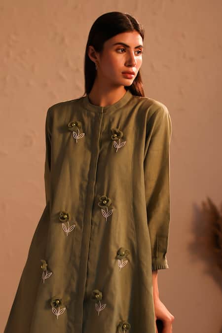 Roza_Green Linen Hand Embroidery Floral Round Collar Stardust Tunic  _at_Aza_Fashions