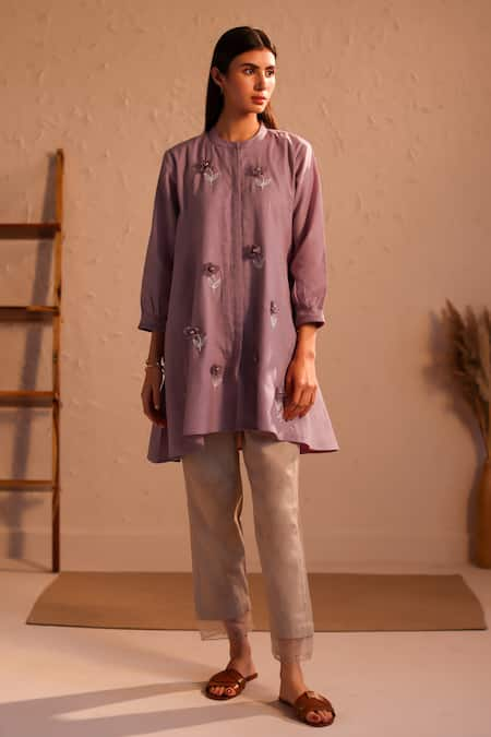 ROZA Purple Linen Hand Embroidery Floral Round Stardust Asymmetric Tunic  