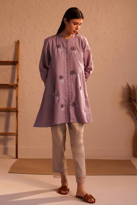 Roza_Purple Linen Hand Embroidery Floral Round Stardust Asymmetric Tunic  _Online_at_Aza_Fashions