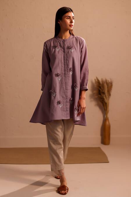 Shop_Roza_Purple Linen Hand Embroidery Floral Round Stardust Asymmetric Tunic  _Online_at_Aza_Fashions