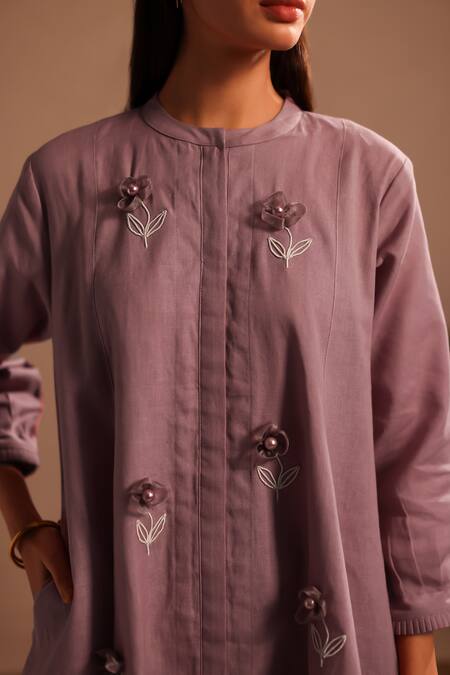 Roza Purple Linen Hand Embroidery Floral Round Stardust Asymmetric Tunic at Aza Fashions Roza_Purple Linen Hand Embroidery Floral Round Stardust Asymmetric Tunic _at_Aza_Fashions