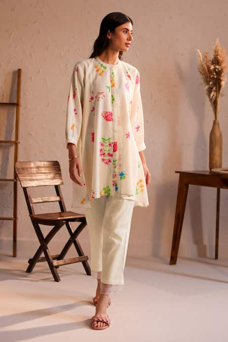 ROZA Ivory Linen Print Floral Round Neck Tuscany Tunic  