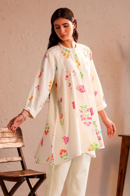 Roza_Ivory Linen Print Floral Round Neck Tuscany Tunic  _Online_at_Aza_Fashions