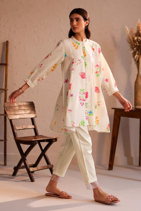 Buy_Roza_Ivory Linen Print Floral Round Neck Tuscany Tunic  _Online_at_Aza_Fashions