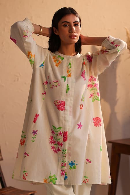 Shop_Roza_Ivory Linen Print Floral Round Neck Tuscany Tunic  _Online_at_Aza_Fashions