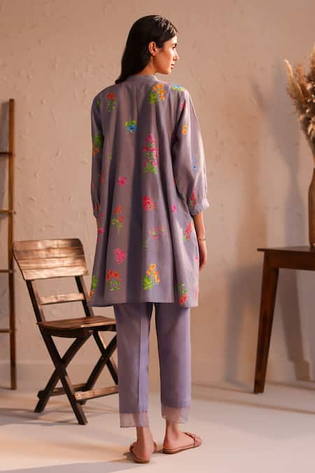 Shop_Roza_Purple Linen Print Floral Round Neck Tuscany Flower Tunic  _at_Aza_Fashions