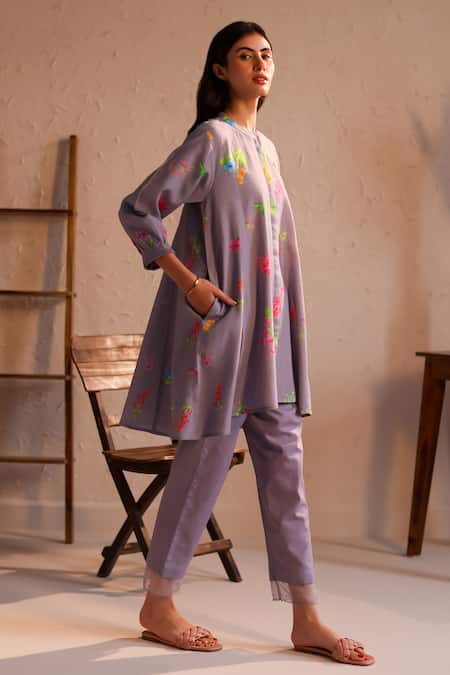 Roza_Purple Linen Print Floral Round Neck Tuscany Flower Tunic  _Online_at_Aza_Fashions