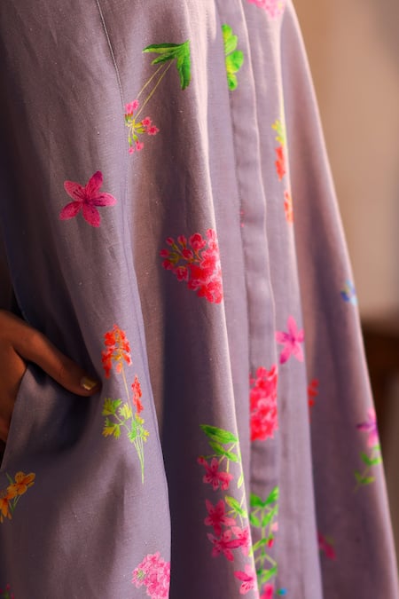 Buy_Roza_Purple Linen Print Floral Round Neck Tuscany Flower Tunic  _Online_at_Aza_Fashions