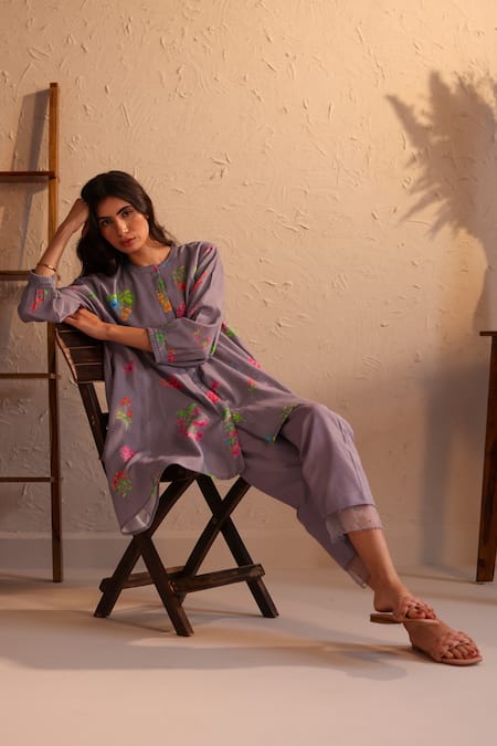 Shop_Roza_Purple Linen Print Floral Round Neck Tuscany Flower Tunic  _Online_at_Aza_Fashions