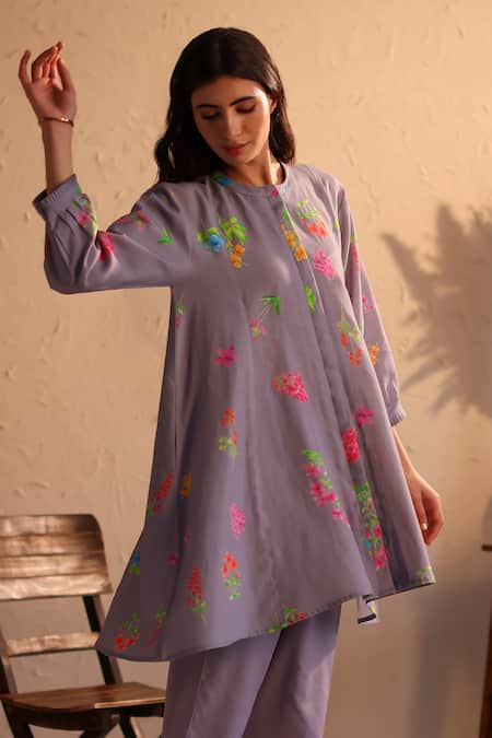 Roza_Purple Linen Print Floral Round Neck Tuscany Flower Tunic  _at_Aza_Fashions