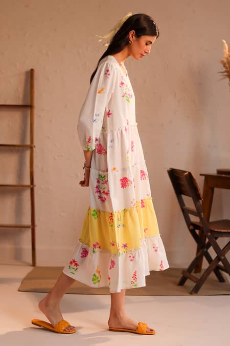 Roza_Ivory Linen Embroidery Round Neck Tuscany Tiered Floral Print Dress _Online_at_Aza_Fashions