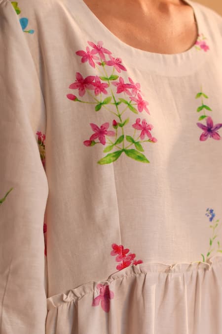 Buy_Roza_Ivory Linen Embroidery Round Neck Tuscany Tiered Floral Print Dress _Online_at_Aza_Fashions