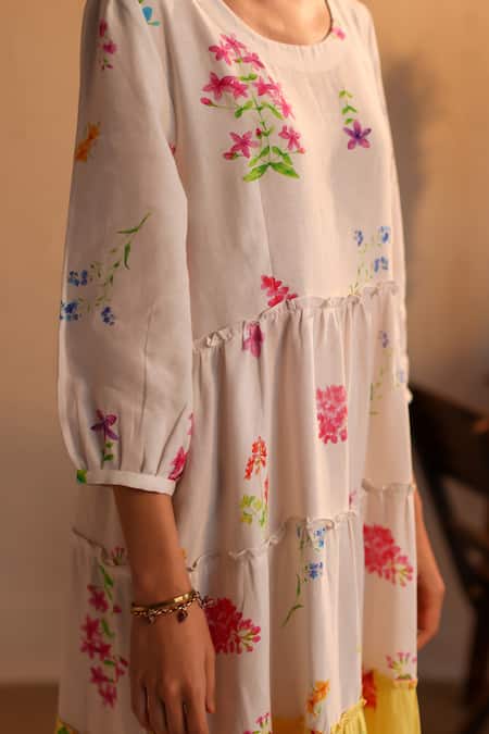 Shop_Roza_Ivory Linen Embroidery Round Neck Tuscany Tiered Floral Print Dress _Online_at_Aza_Fashions