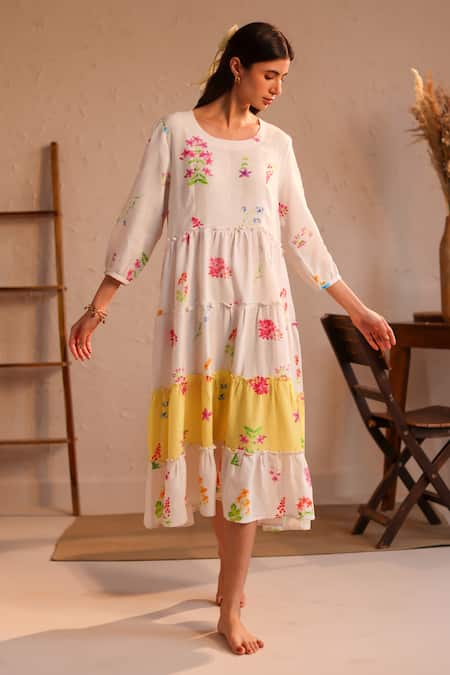 Roza_Ivory Linen Embroidery Round Neck Tuscany Tiered Floral Print Dress _at_Aza_Fashions