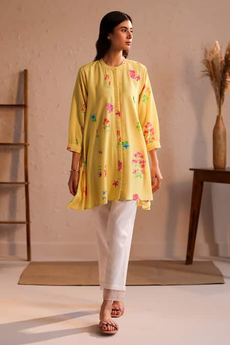 ROZA Yellow Linen Print Floral Round Neck Tuscany Flower Bloom Tunic  