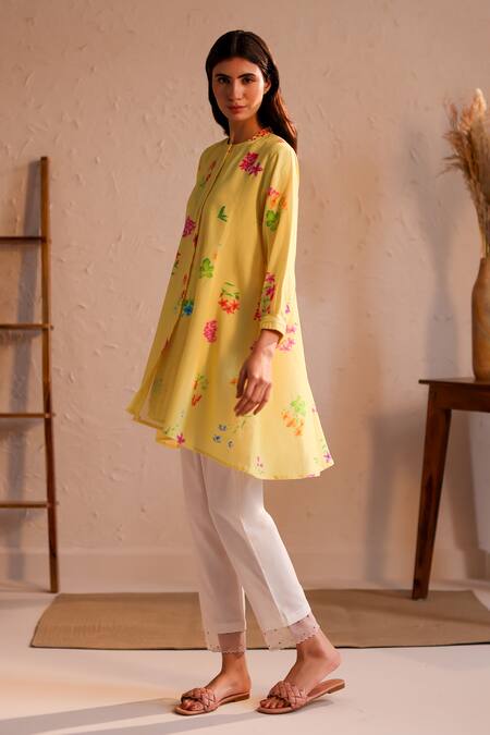 Roza_Yellow Linen Round Neck Tuscany Flower Bloom Print Tunic _Online_at_Aza_Fashions