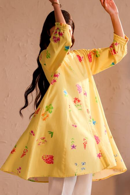 Buy_Roza_Yellow Linen Round Neck Tuscany Flower Bloom Print Tunic _Online_at_Aza_Fashions